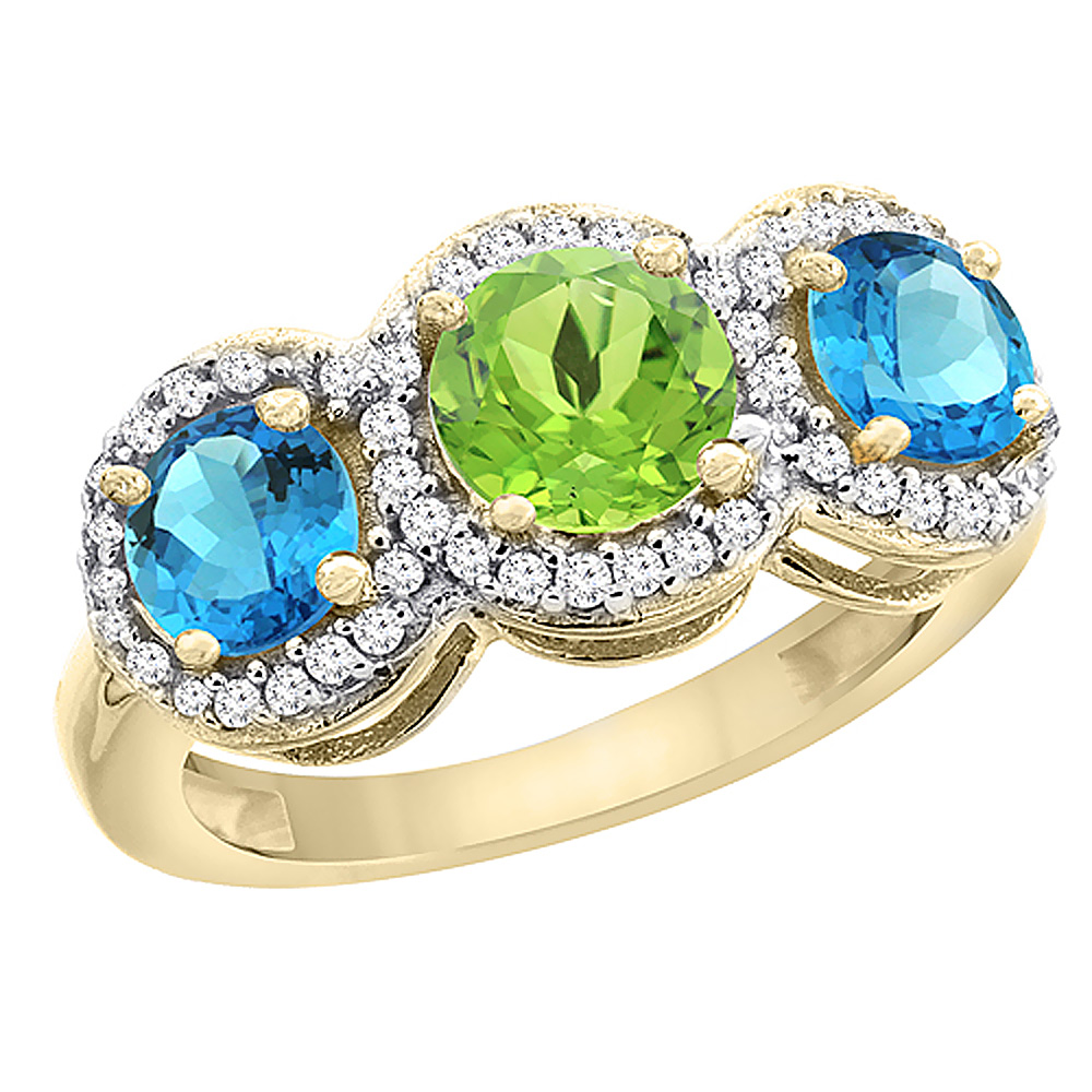 10K Yellow Gold Natural Peridot &amp; Swiss Blue Topaz Sides Round 3-stone Ring Diamond Accents, sizes 5 - 10