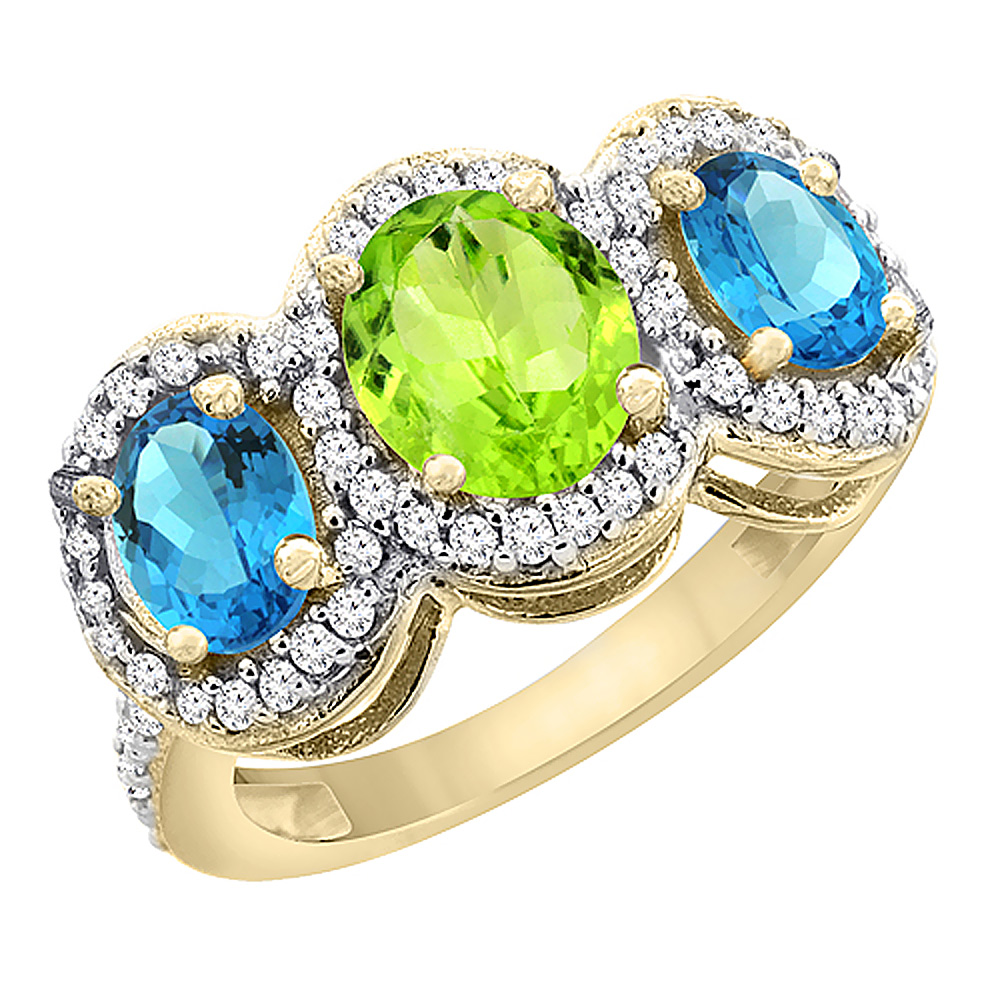 14K Yellow Gold Natural Peridot &amp; Swiss Blue Topaz 3-Stone Ring Oval Diamond Accent, sizes 5 - 10