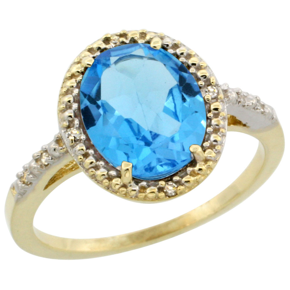 10K Yellow Gold Diamond Genuine Blue Topaz Engagement Ring Halo Oval 10x8mm sizes 5-10