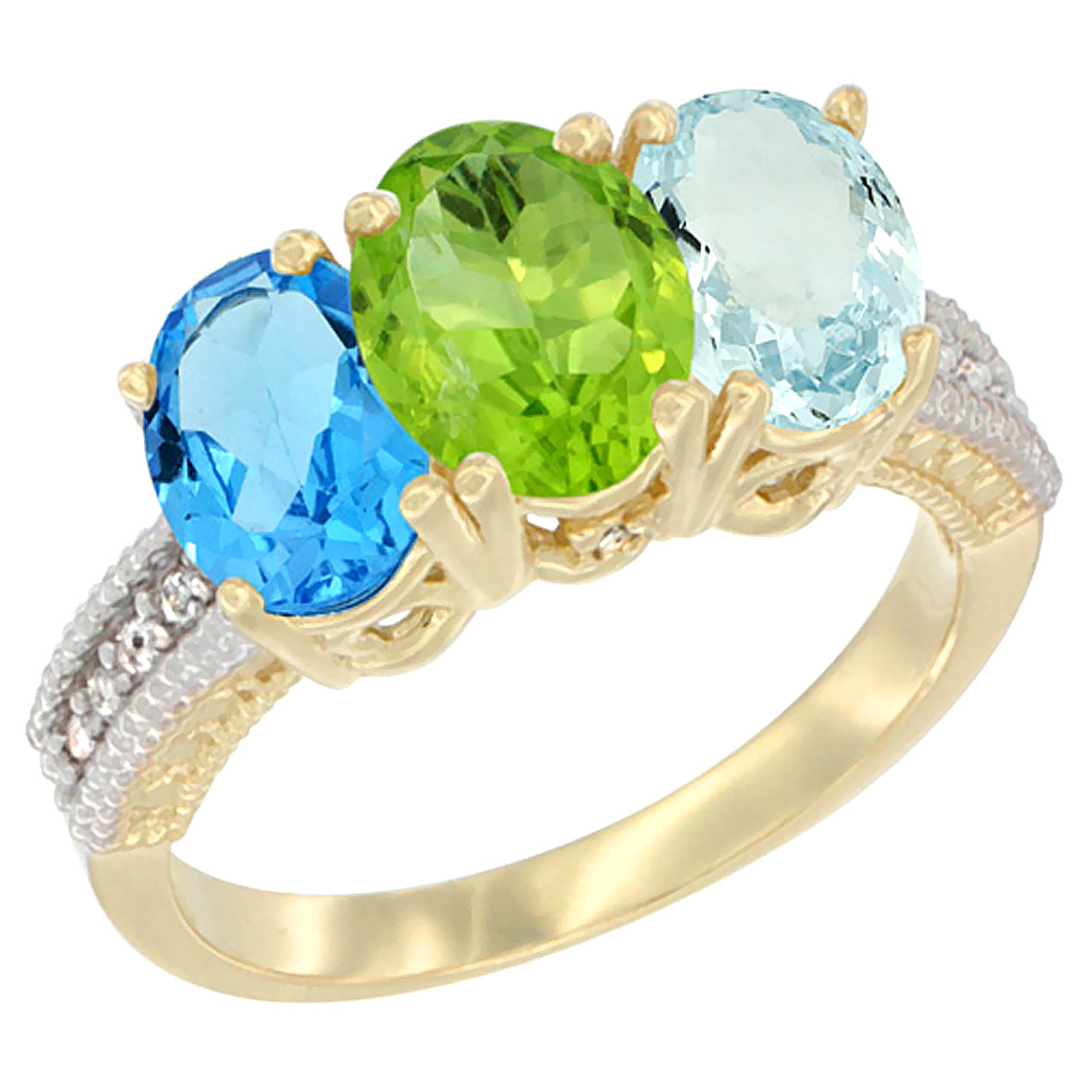 10K Yellow Gold Diamond Natural Swiss Blue Topaz, Peridot & Aquamarine Ring 3-Stone Oval 7x5 mm, sizes 5 - 10