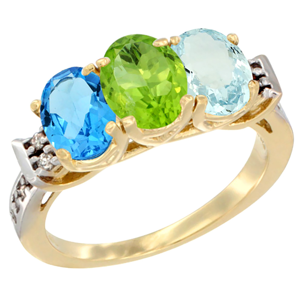 14K Yellow Gold Natural Swiss Blue Topaz, Peridot & Aquamarine Ring 3-Stone 7x5 mm Oval Diamond Accent, sizes 5 - 10