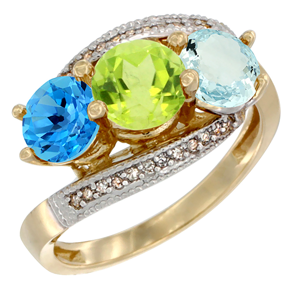 14K Yellow Gold Natural Swiss Blue Topaz, Peridot &amp; Aquamarine 3 stone Ring Round 6mm Diamond Accent, sizes 5 - 10