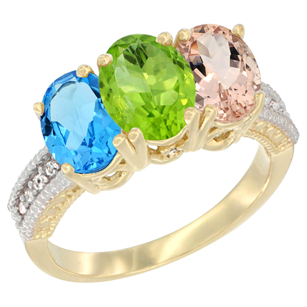 14K Yellow Gold Natural Swiss Blue Topaz, Peridot & Morganite Ring 3-Stone 7x5 mm Oval Diamond Accent, sizes 5 - 10