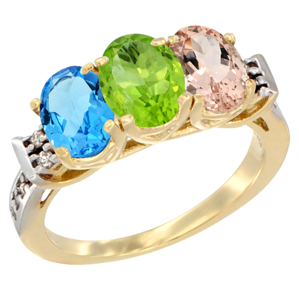 14K Yellow Gold Natural Swiss Blue Topaz, Peridot & Morganite Ring 3-Stone 7x5 mm Oval Diamond Accent, sizes 5 - 10