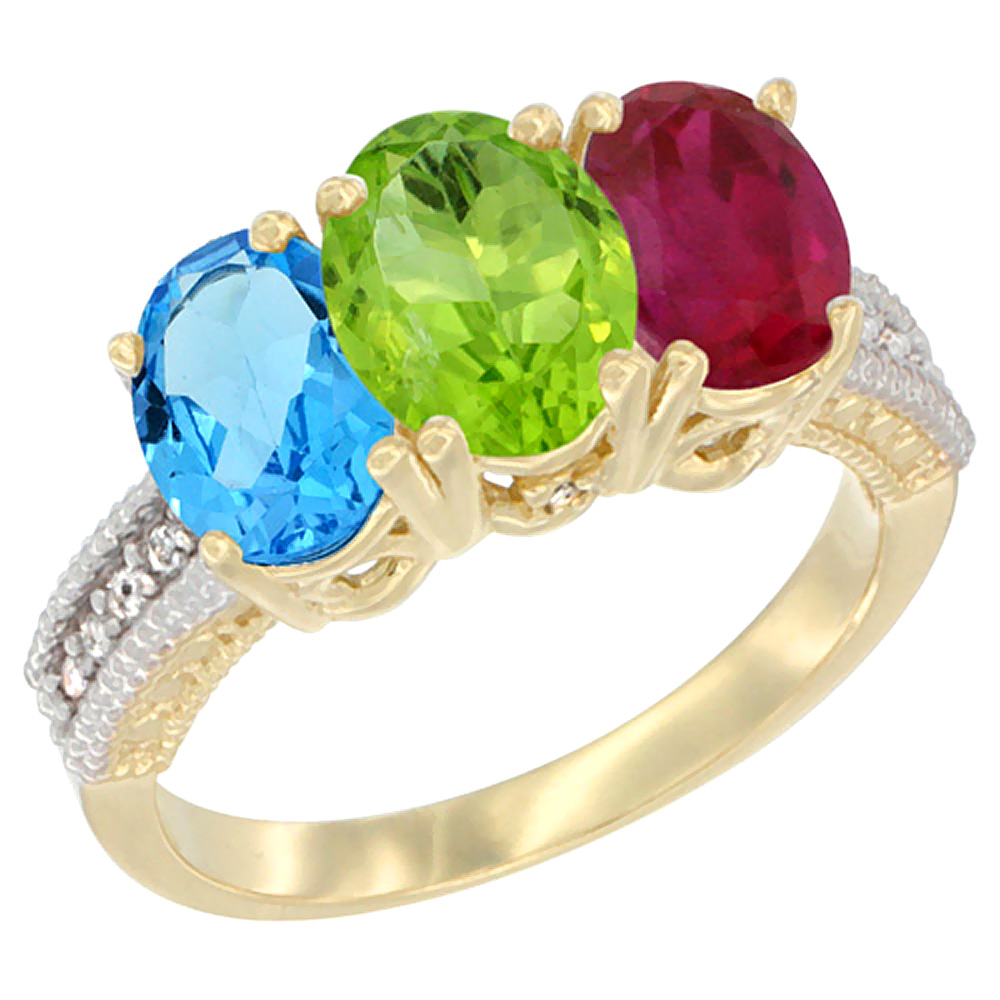 10K Yellow Gold Diamond Natural Swiss Blue Topaz, Peridot & Enhanced Ruby Ring 3-Stone Oval 7x5 mm, sizes 5 - 10