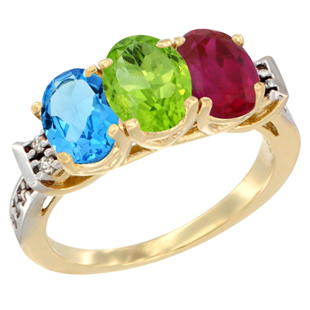 10K Yellow Gold Natural Swiss Blue Topaz, Peridot & Enhanced Ruby Ring 3-Stone Oval 7x5 mm Diamond Accent, sizes 5 - 10