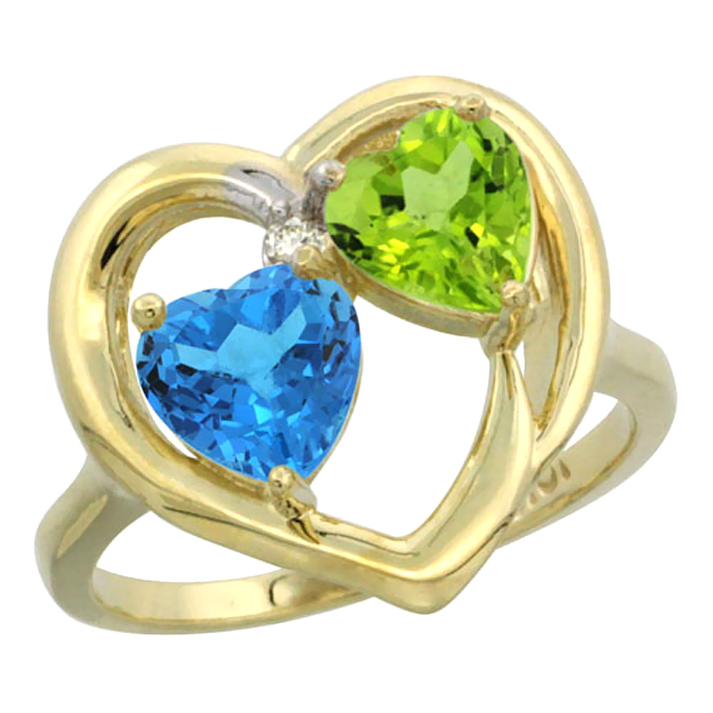 14K Yellow Gold Diamond Two-stone Heart Ring 6mm Natural Swiss Blue Topaz & Peridot, sizes 5-10