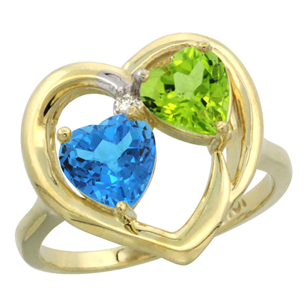 14K Yellow Gold Diamond Two-stone Heart Ring 6mm Natural Swiss Blue Topaz &amp; Peridot, sizes 5-10