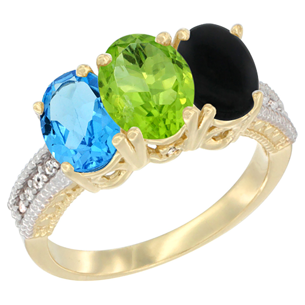 14K Yellow Gold Natural Swiss Blue Topaz, Peridot & Black Onyx Ring 3-Stone 7x5 mm Oval Diamond Accent, sizes 5 - 10