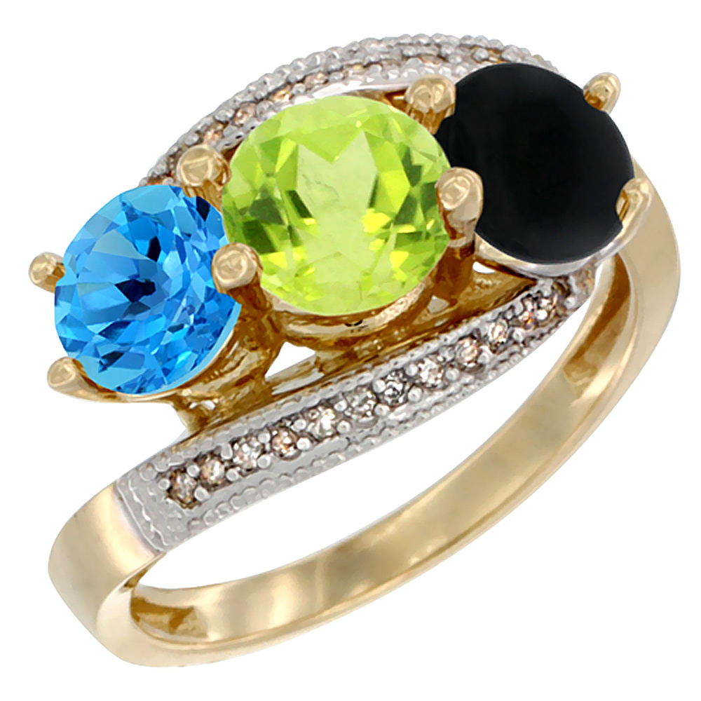 10K Yellow Gold Natural Swiss Blue Topaz, Peridot &amp; Black Onyx 3 stone Ring Round 6mm Diamond Accent, sizes 5 - 10