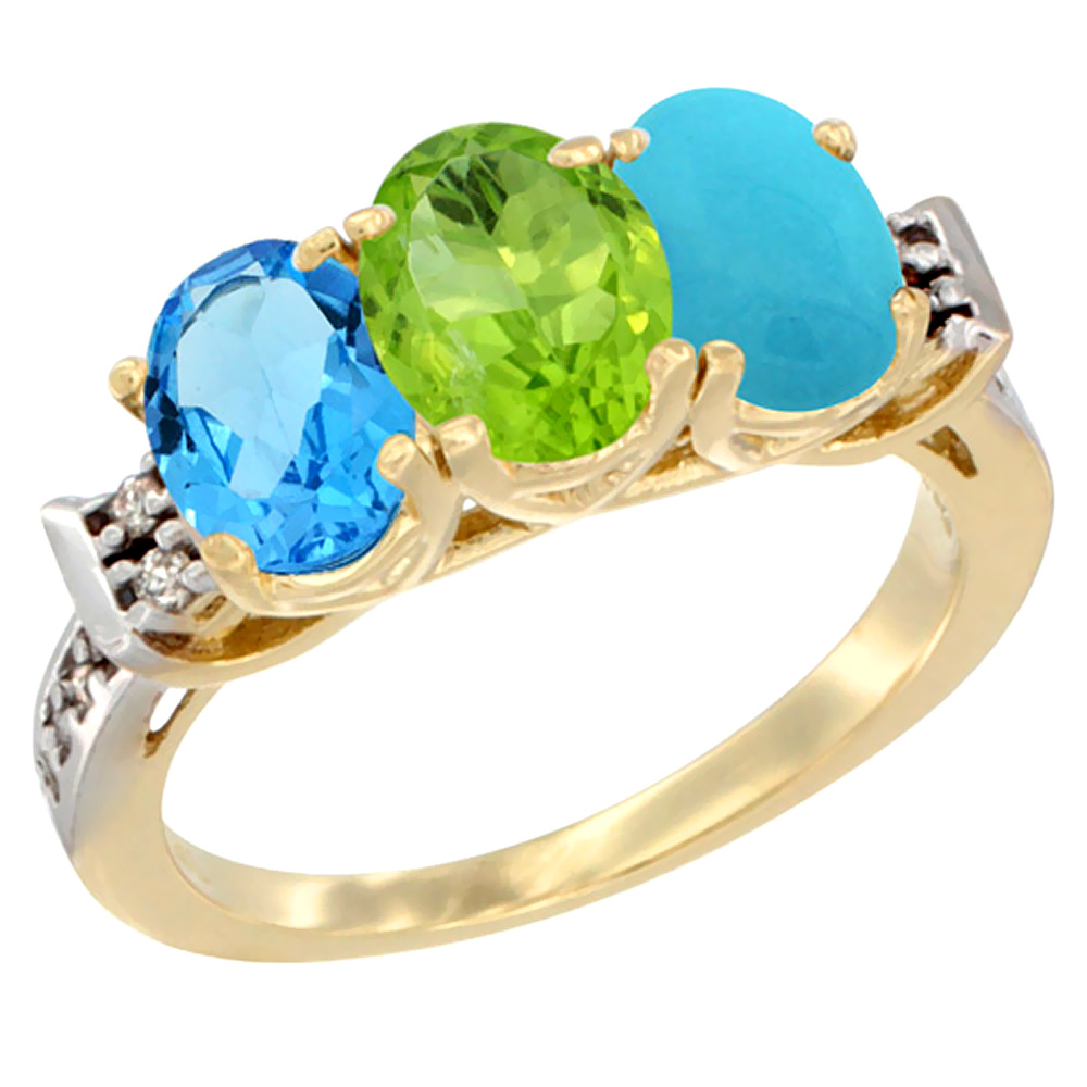 14K Yellow Gold Natural Swiss Blue Topaz, Peridot &amp; Turquoise Ring 3-Stone 7x5 mm Oval Diamond Accent, sizes 5 - 10