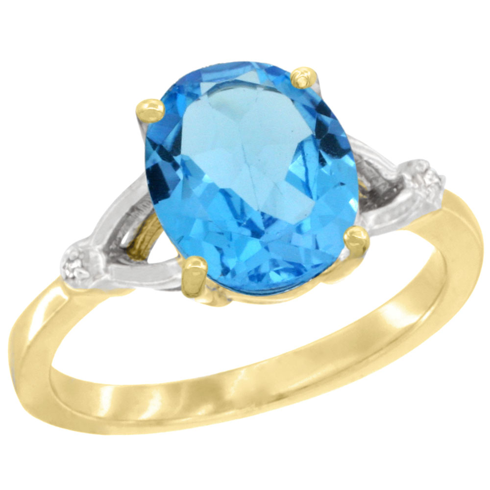 10K Yellow Gold Diamond Genuine Blue Topaz Engagement Ring Oval 10x8mm sizes 5-10