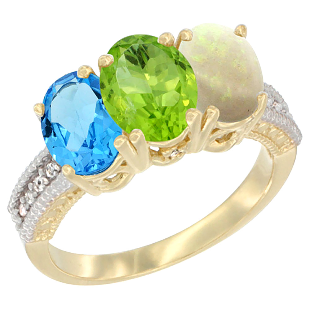 14K Yellow Gold Natural Swiss Blue Topaz, Peridot & Opal Ring 3-Stone 7x5 mm Oval Diamond Accent, sizes 5 - 10