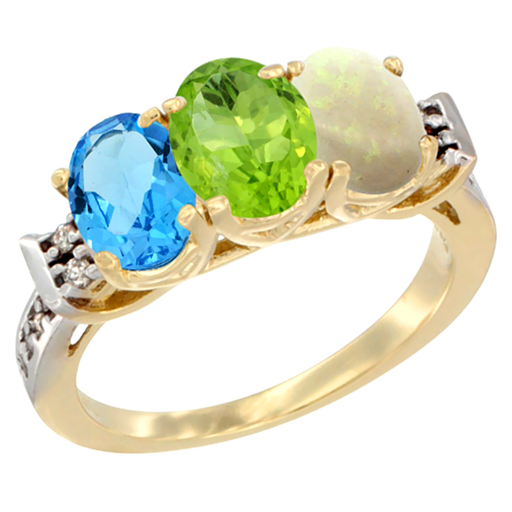 10K Yellow Gold Natural Swiss Blue Topaz, Peridot & Opal Ring 3-Stone Oval 7x5 mm Diamond Accent, sizes 5 - 10