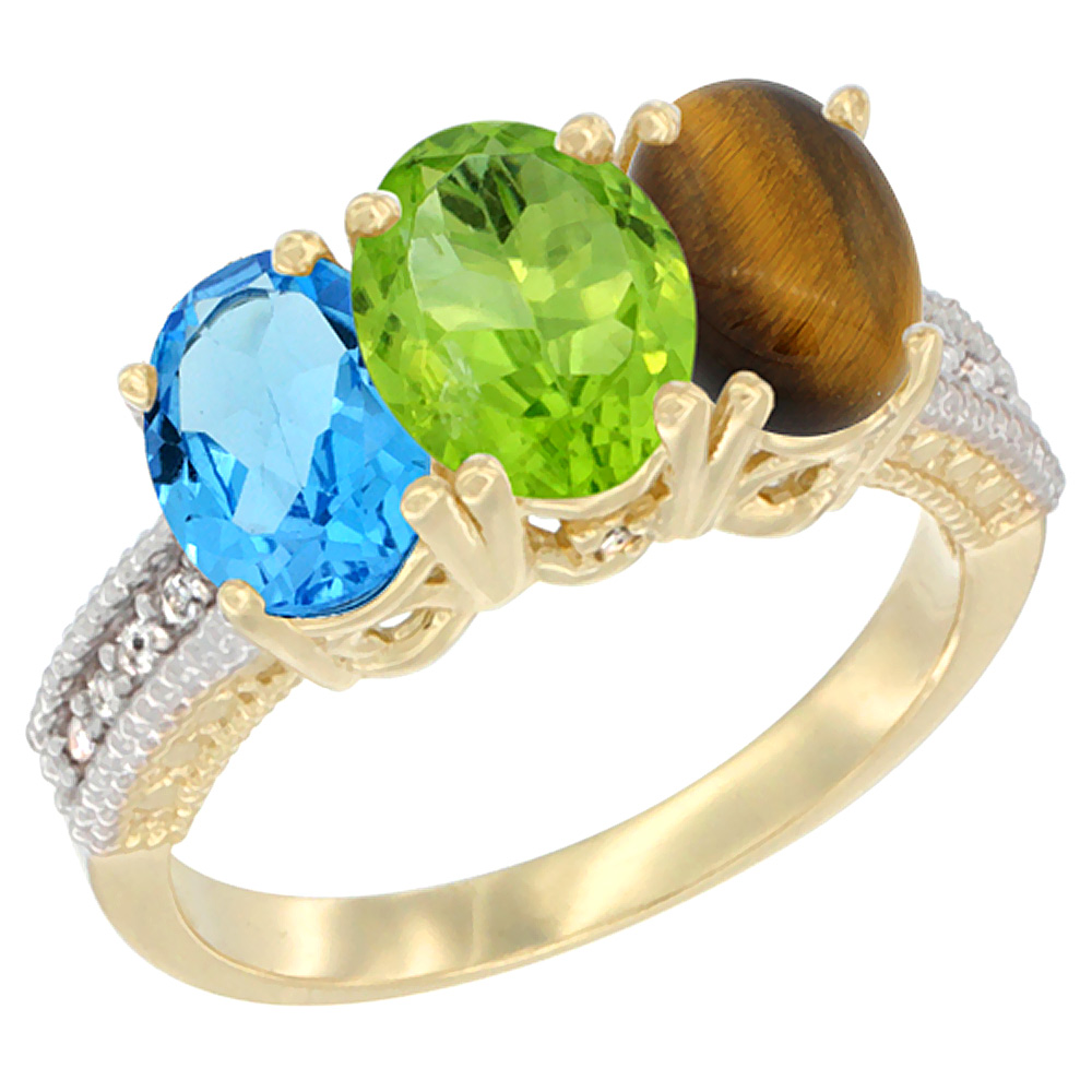 14K Yellow Gold Natural Swiss Blue Topaz, Peridot &amp; Tiger Eye Ring 3-Stone 7x5 mm Oval Diamond Accent, sizes 5 - 10