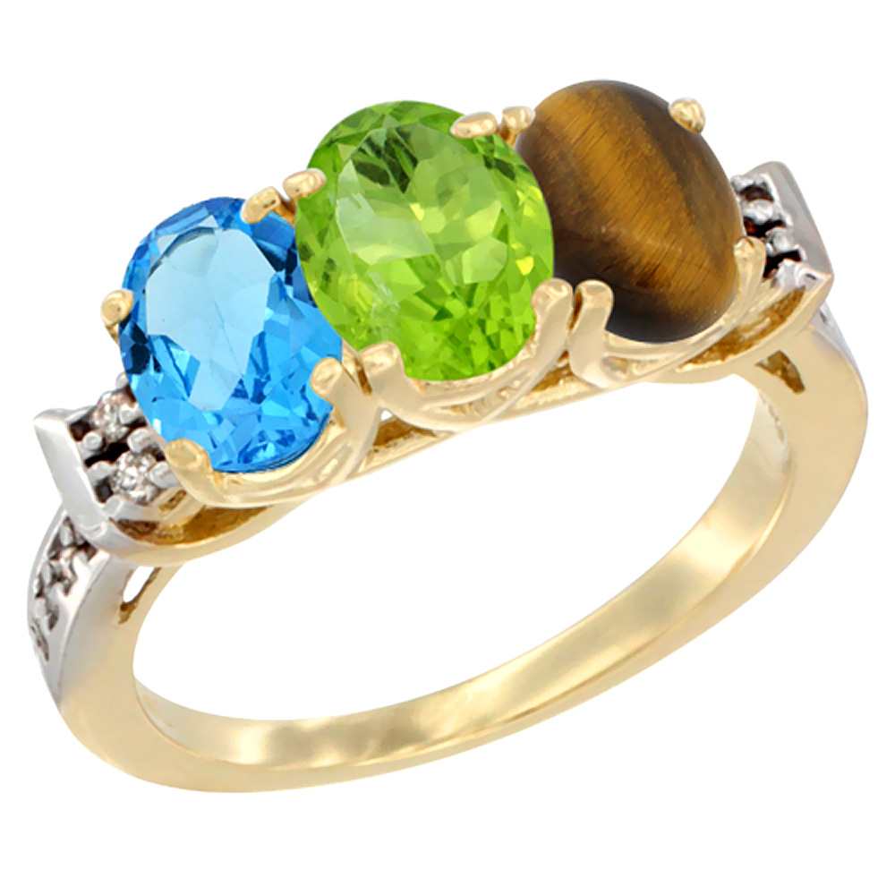 10K Yellow Gold Natural Swiss Blue Topaz, Peridot &amp; Tiger Eye Ring 3-Stone Oval 7x5 mm Diamond Accent, sizes 5 - 10