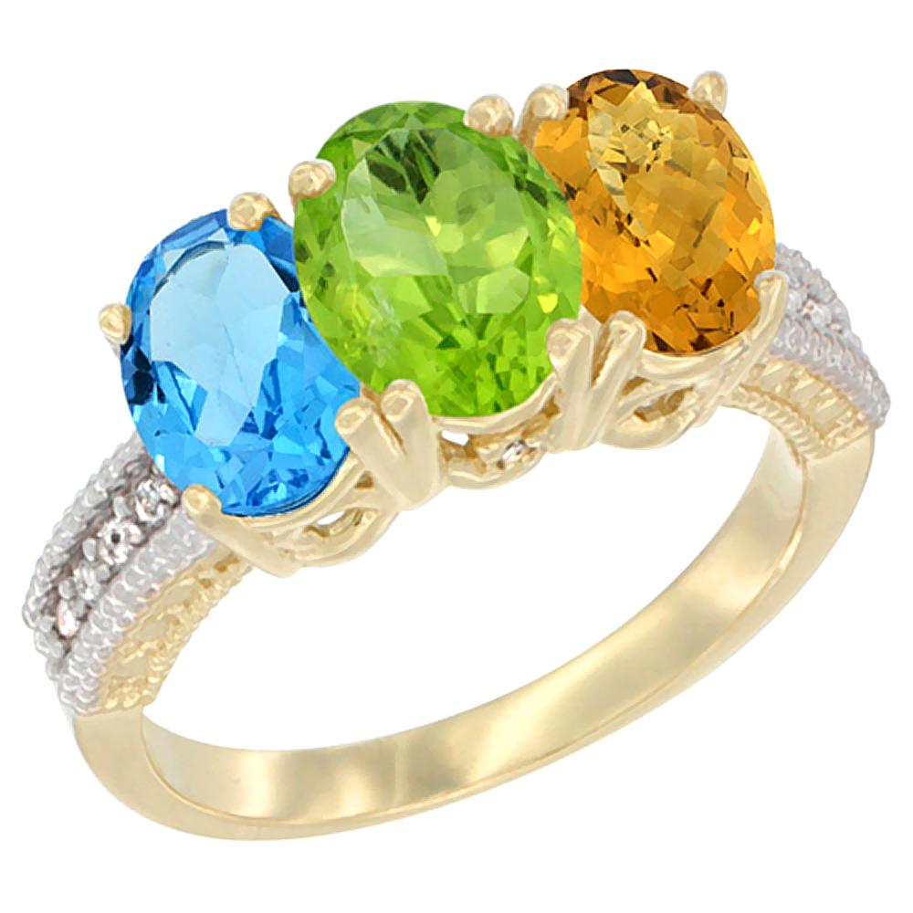 14K Yellow Gold Natural Swiss Blue Topaz, Peridot &amp; Whisky Quartz Ring 3-Stone 7x5 mm Oval Diamond Accent, sizes 5 - 10