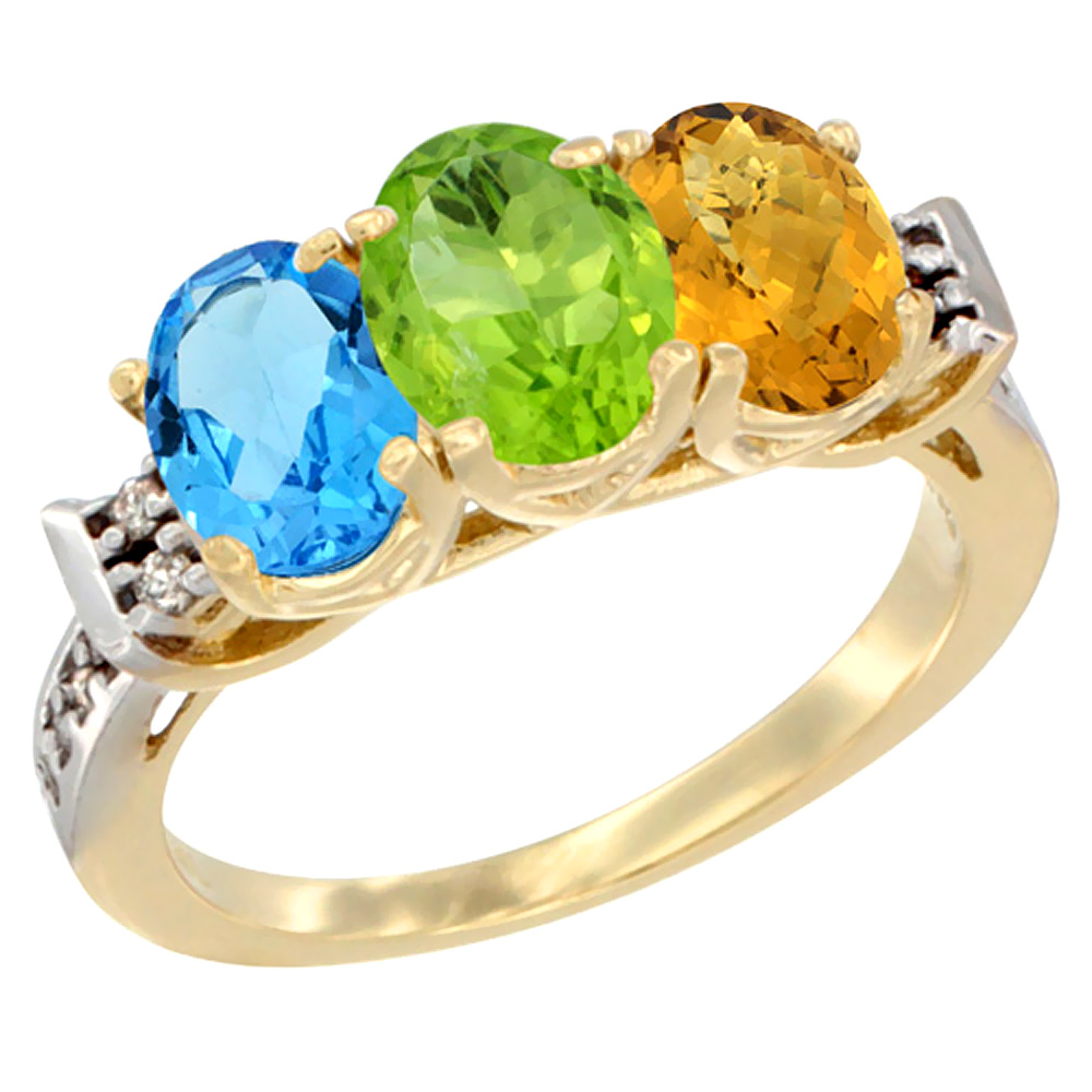 10K Yellow Gold Natural Swiss Blue Topaz, Peridot & Whisky Quartz Ring 3-Stone Oval 7x5 mm Diamond Accent, sizes 5 - 10