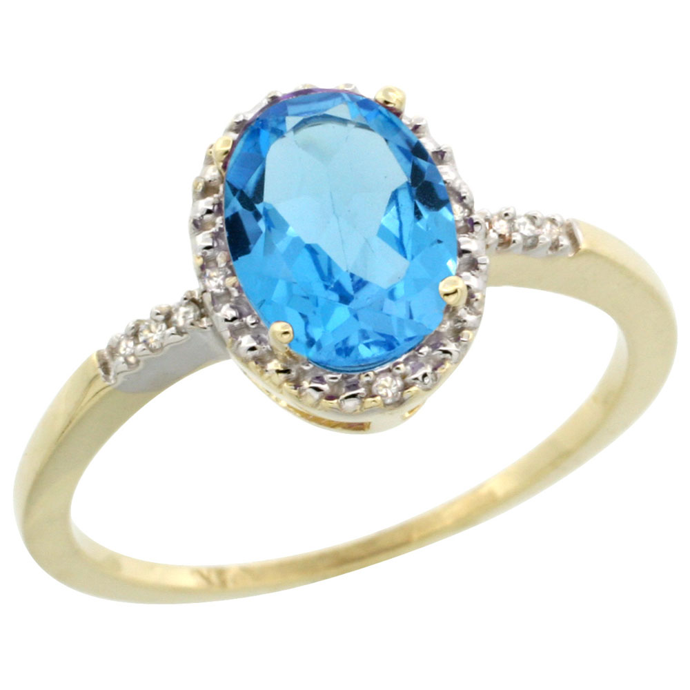 10K Yellow Gold Diamond Genuine Blue Topaz Ring Halo Oval 8x6mm sizes 5-10