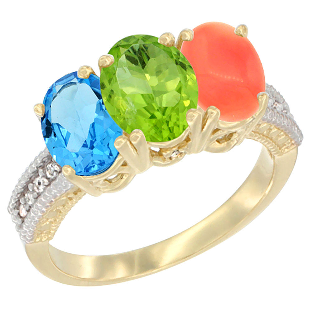 10K Yellow Gold Diamond Natural Swiss Blue Topaz, Peridot & Coral Ring 3-Stone Oval 7x5 mm, sizes 5 - 10