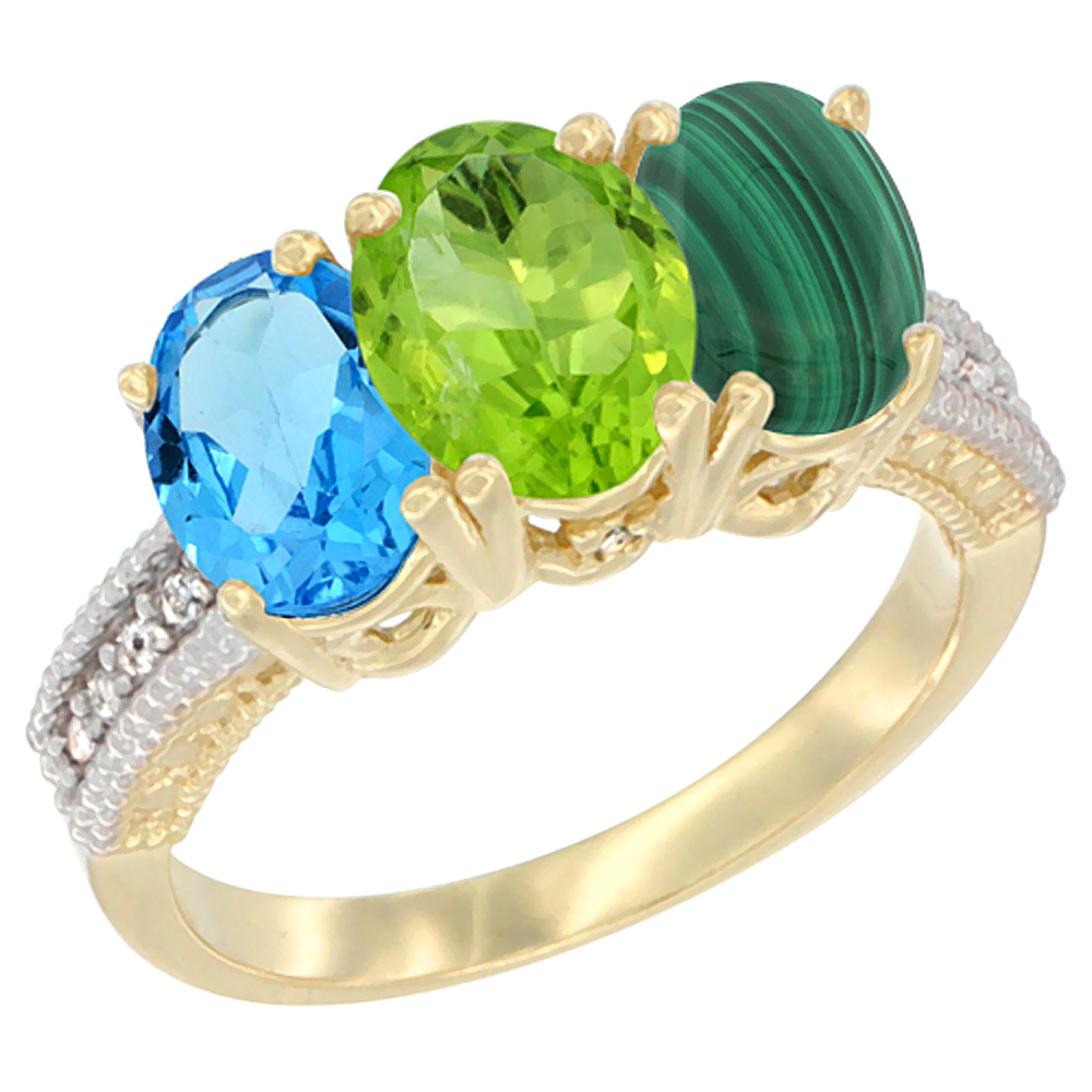 14K Yellow Gold Natural Swiss Blue Topaz, Peridot & Malachite Ring 3-Stone 7x5 mm Oval Diamond Accent, sizes 5 - 10