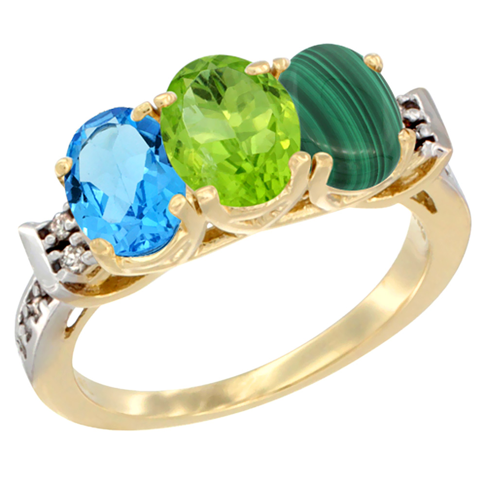 10K Yellow Gold Natural Swiss Blue Topaz, Peridot & Malachite Ring 3-Stone Oval 7x5 mm Diamond Accent, sizes 5 - 10