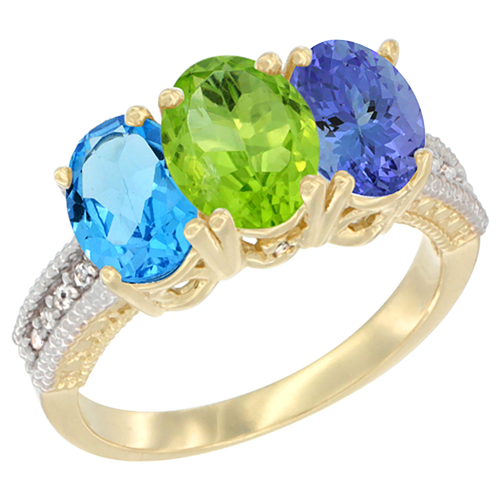 14K Yellow Gold Natural Swiss Blue Topaz, Peridot & Tanzanite Ring 3-Stone 7x5 mm Oval Diamond Accent, sizes 5 - 10