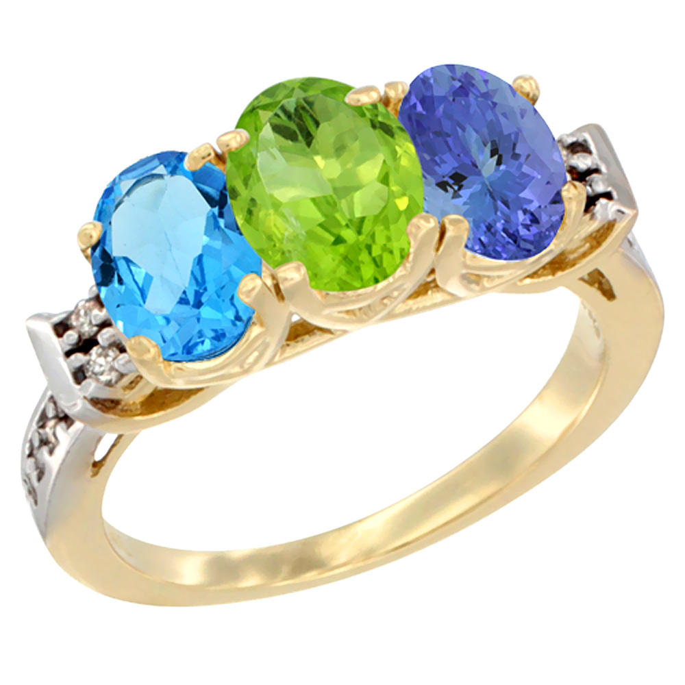 10K Yellow Gold Natural Swiss Blue Topaz, Peridot & Tanzanite Ring 3-Stone Oval 7x5 mm Diamond Accent, sizes 5 - 10