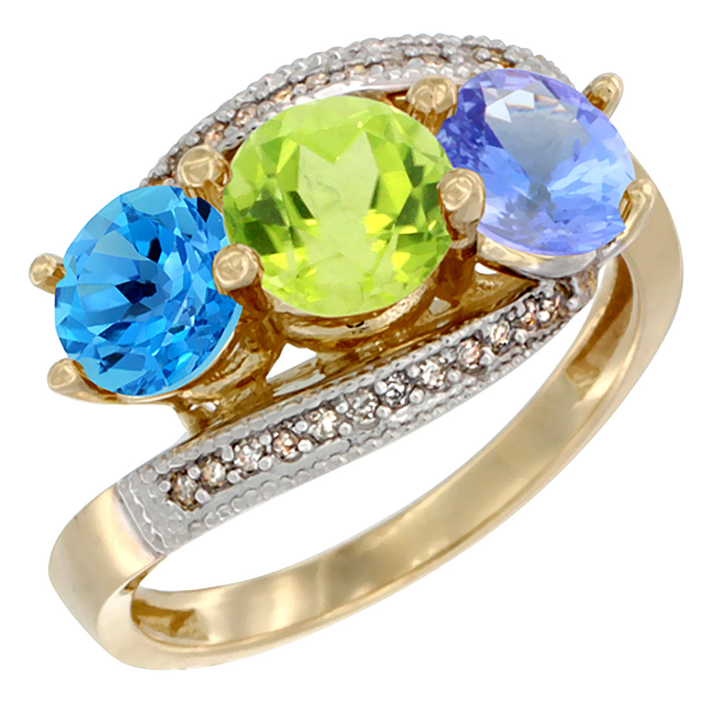 10K Yellow Gold Natural Swiss Blue Topaz, Peridot & Tanzanite 3 stone Ring Round 6mm Diamond Accent, sizes 5 - 10