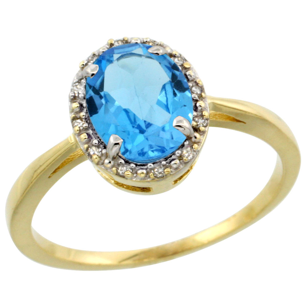 14K Yellow Gold Natural Swiss Blue Topaz Ring Oval 8x6 mm Diamond Halo, sizes 5-10