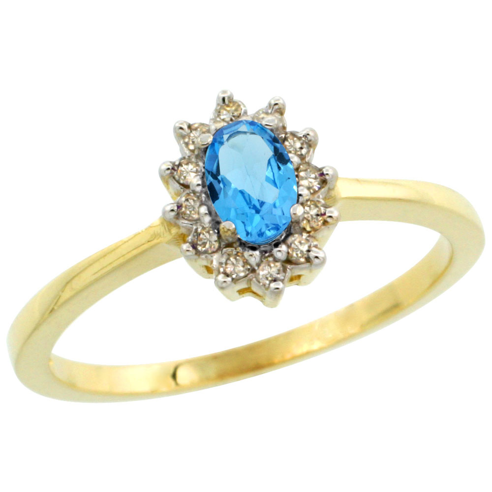 14K Yellow Gold Natural Swiss Blue Topaz Ring Oval 5x3mm Diamond Halo, sizes 5-10