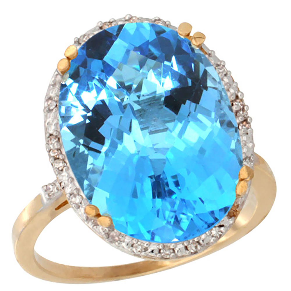 14K Yellow Gold Natural Swiss Blue Topaz Ring Large Oval 18x13mm Diamond Halo, sizes 5-10