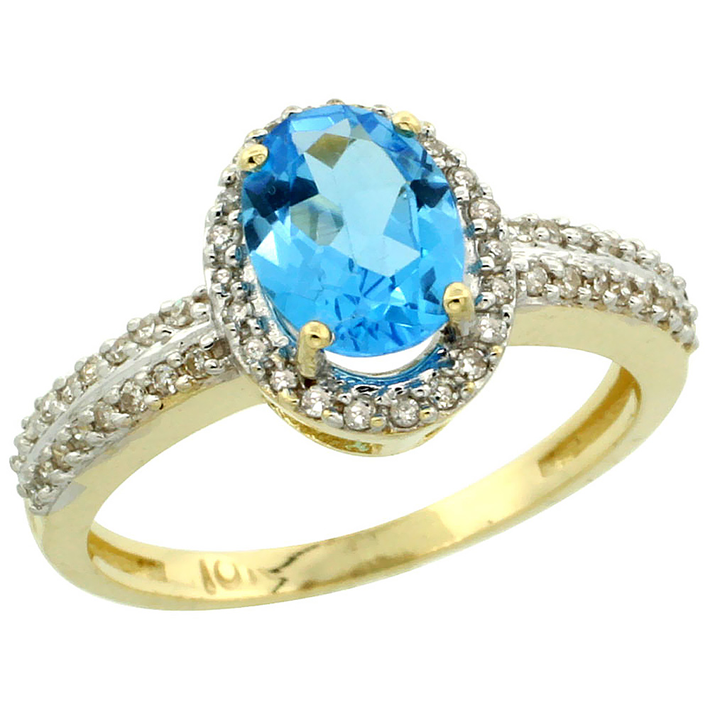 10k Yellow Gold Genuine Blue Topaz Ring Oval 8x6mm Diamond Halo sizes 5-10