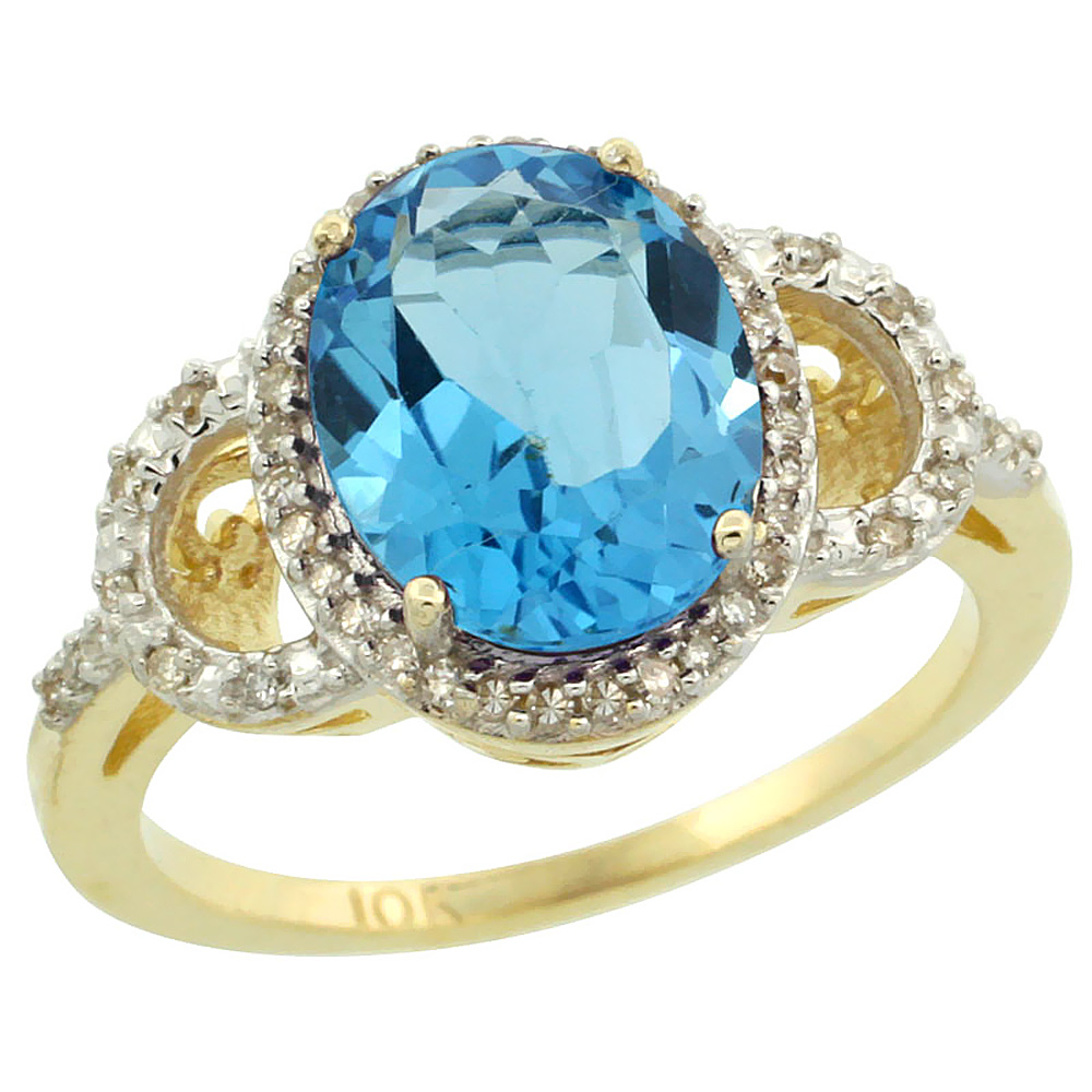 10K Yellow Gold Diamond Genuine Blue Topaz Engagement Ring Halo Oval 10x8mm sizes 5-10