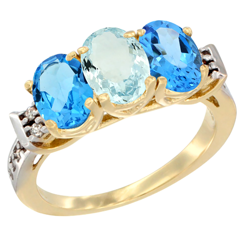 14K Yellow Gold Natural Aquamarine & Swiss Blue Topaz Sides Ring 3-Stone 7x5 mm Oval Diamond Accent, sizes 5 - 10