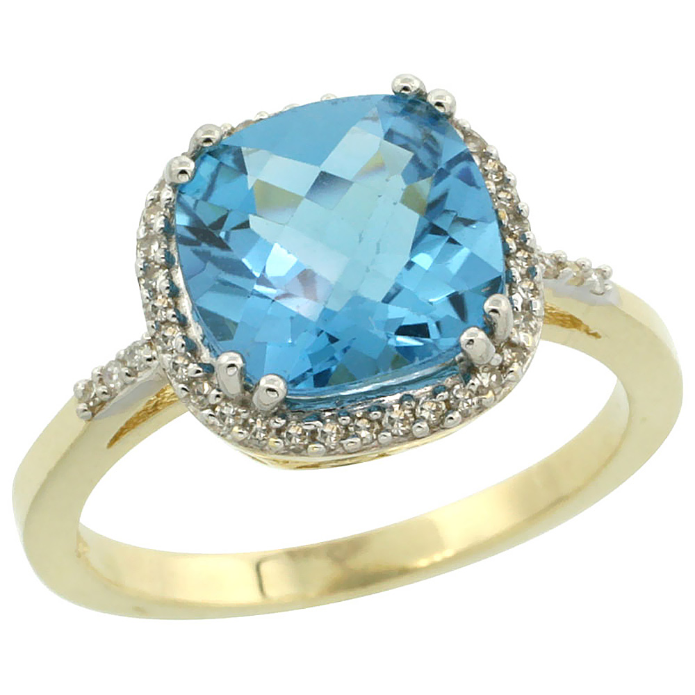 14K Yellow Gold Diamond Natural Swiss Blue Topaz Ring Cushion-cut 9x9mm, sizes 5-10