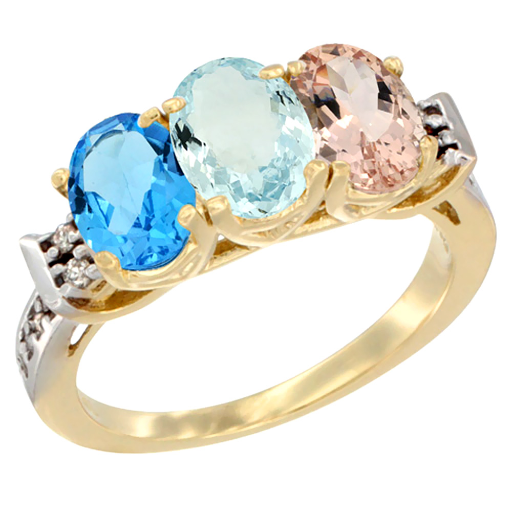 10K Yellow Gold Natural Swiss Blue Topaz, Aquamarine & Morganite Ring 3-Stone Oval 7x5 mm Diamond Accent, sizes 5 - 10