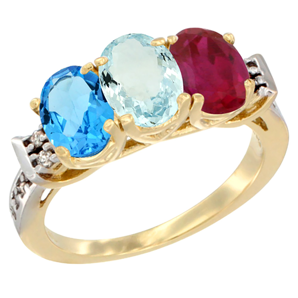 10K Yellow Gold Natural Swiss Blue Topaz, Aquamarine & Enhanced Ruby Ring 3-Stone Oval 7x5 mm Diamond Accent, sizes 5 - 10