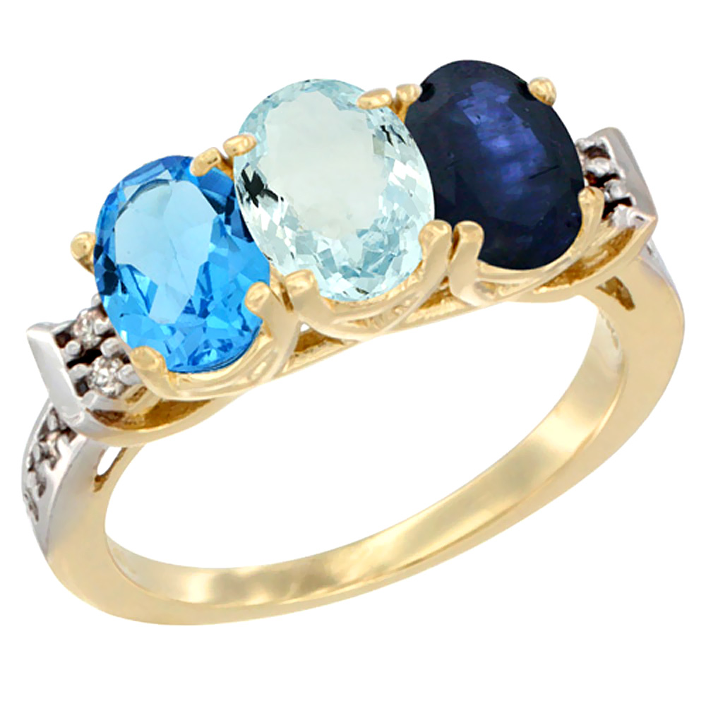 14K Yellow Gold Natural Swiss Blue Topaz, Aquamarine & Blue Sapphire Ring 3-Stone 7x5 mm Oval Diamond Accent, sizes 5 - 10