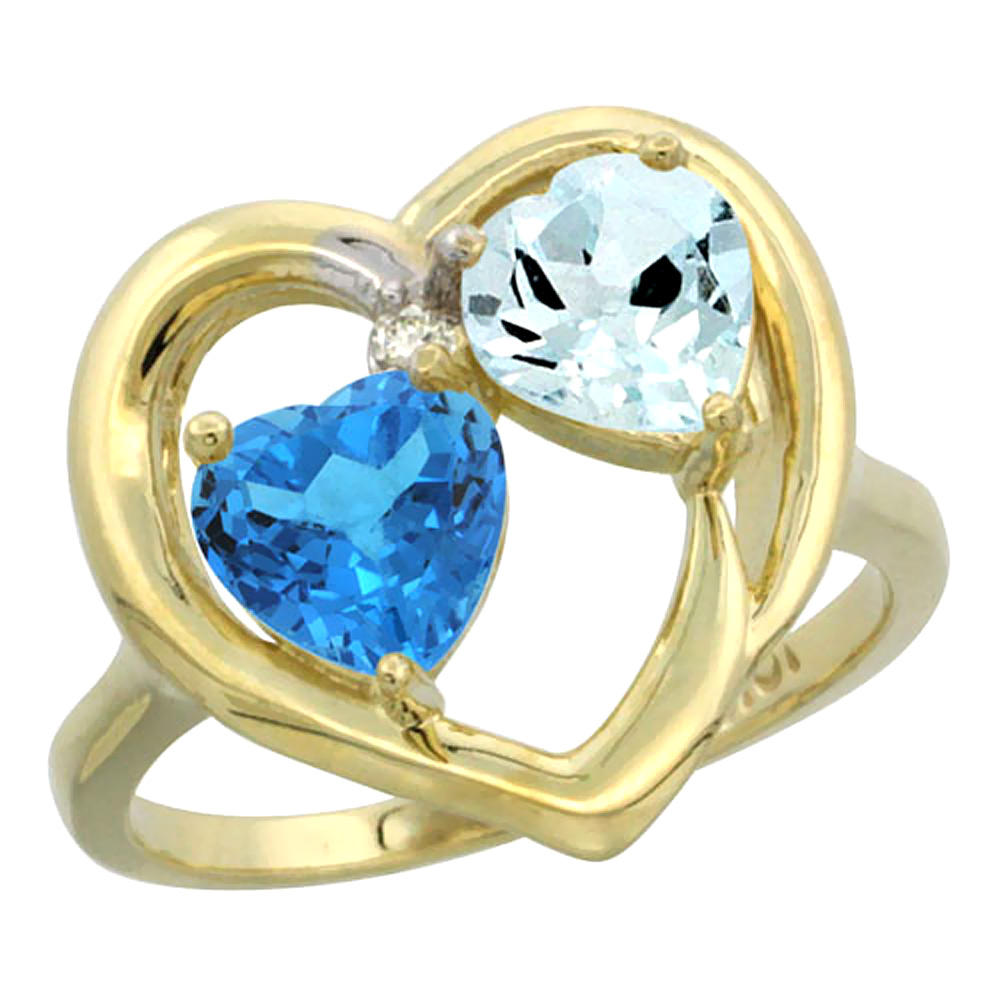 14K Yellow Gold Diamond Two-stone Heart Ring 6mm Natural Swiss Blue Topaz & Aquamarine, sizes 5-10