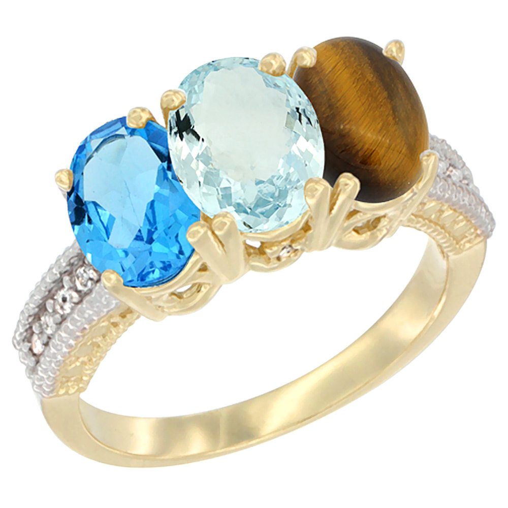 14K Yellow Gold Natural Swiss Blue Topaz, Aquamarine &amp; Tiger Eye Ring 3-Stone 7x5 mm Oval Diamond Accent, sizes 5 - 10