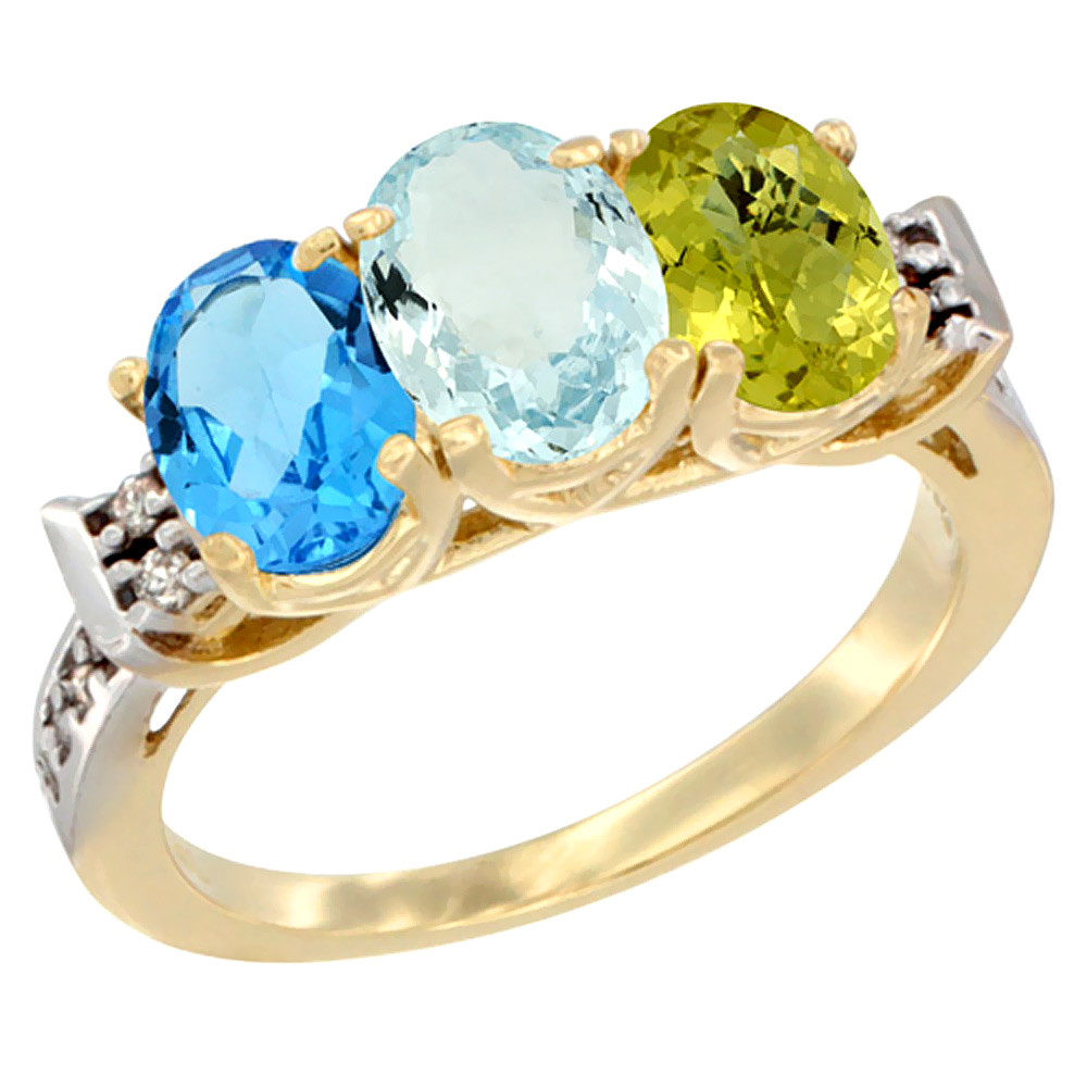 10K Yellow Gold Natural Swiss Blue Topaz, Aquamarine & Lemon Quartz Ring 3-Stone Oval 7x5 mm Diamond Accent, sizes 5 - 10