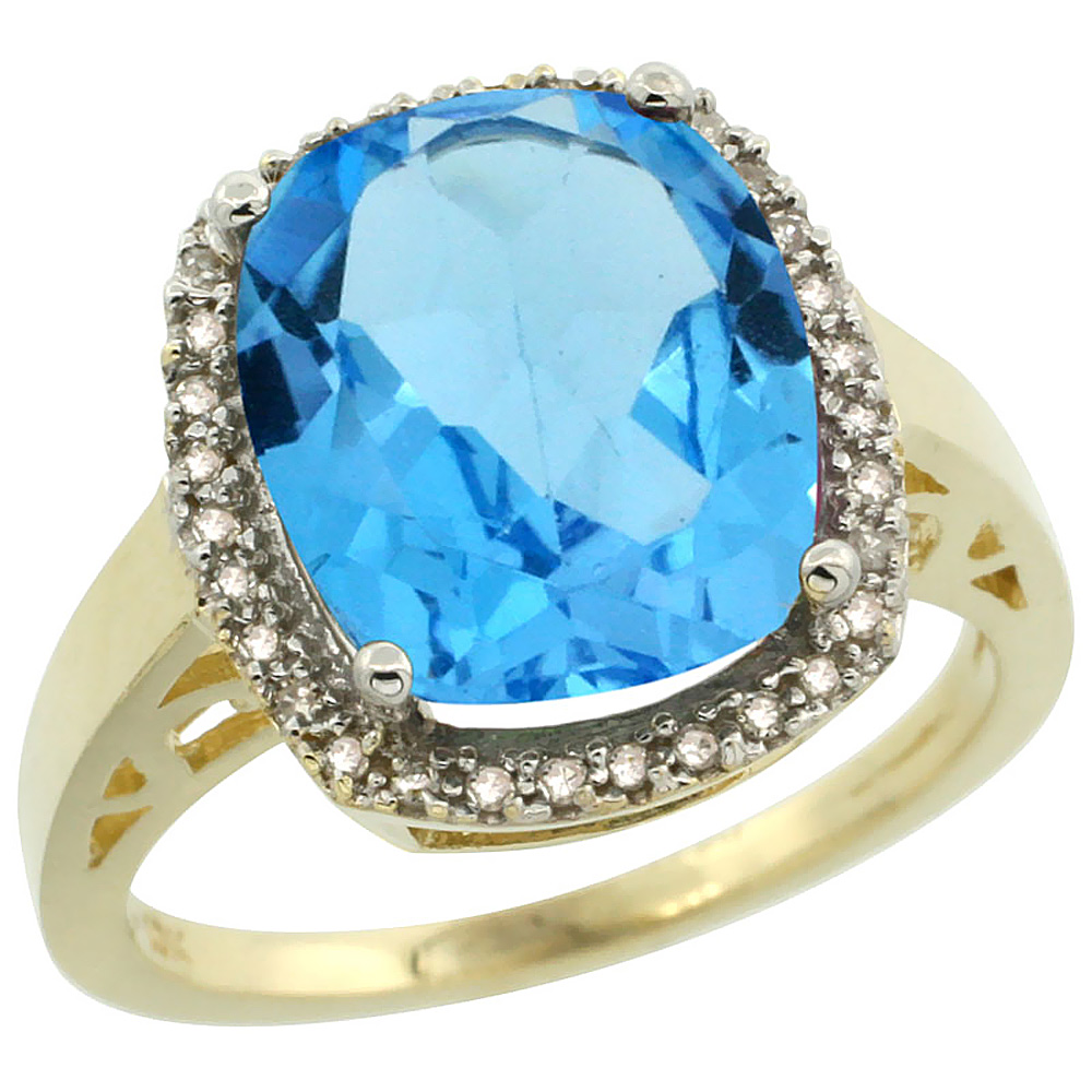 10K Yellow Gold Diamond Genuine Blue Topaz Ring Halo Cushion-cut 12x10mm sizes 5-10