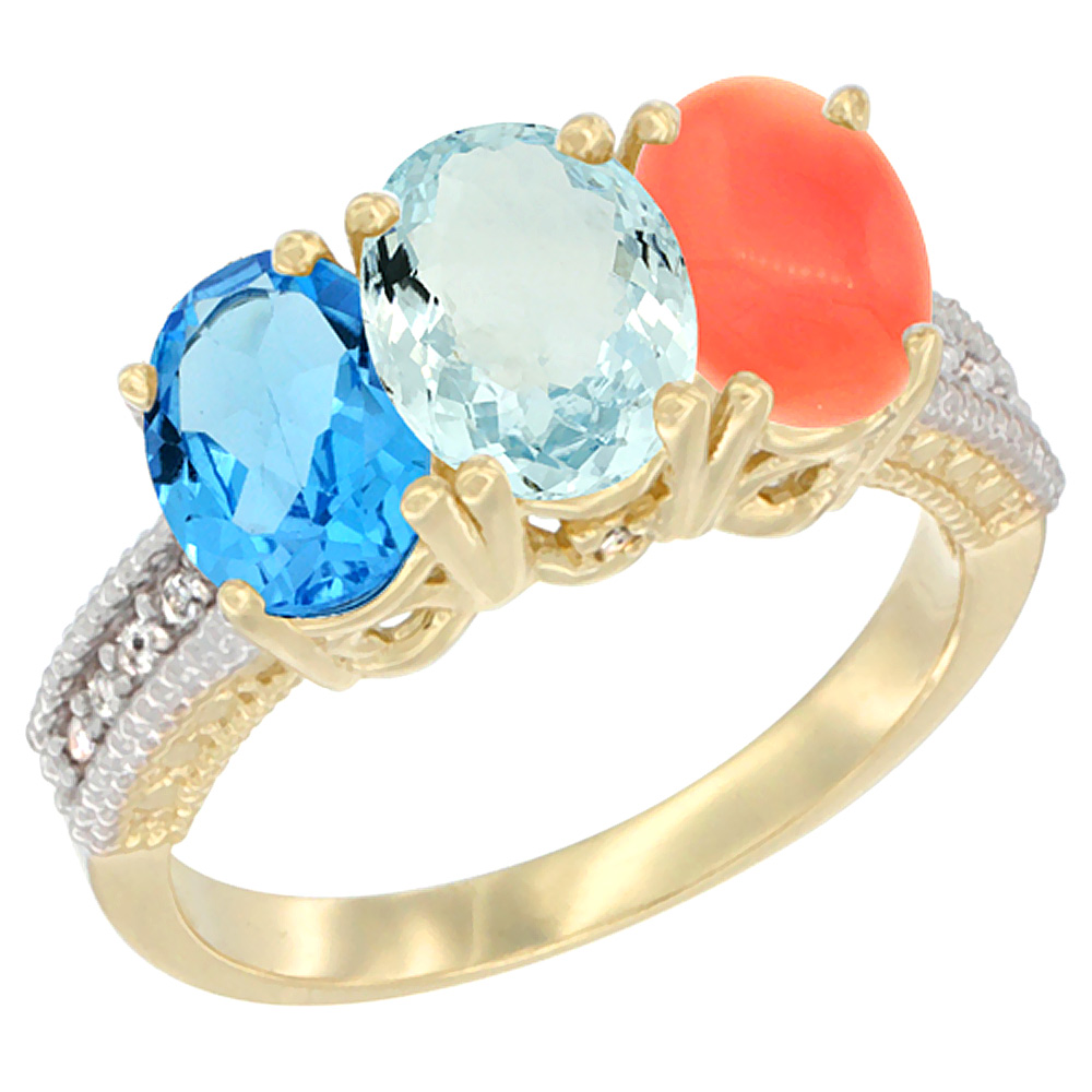 10K Yellow Gold Diamond Natural Swiss Blue Topaz, Aquamarine & Coral Ring 3-Stone Oval 7x5 mm, sizes 5 - 10