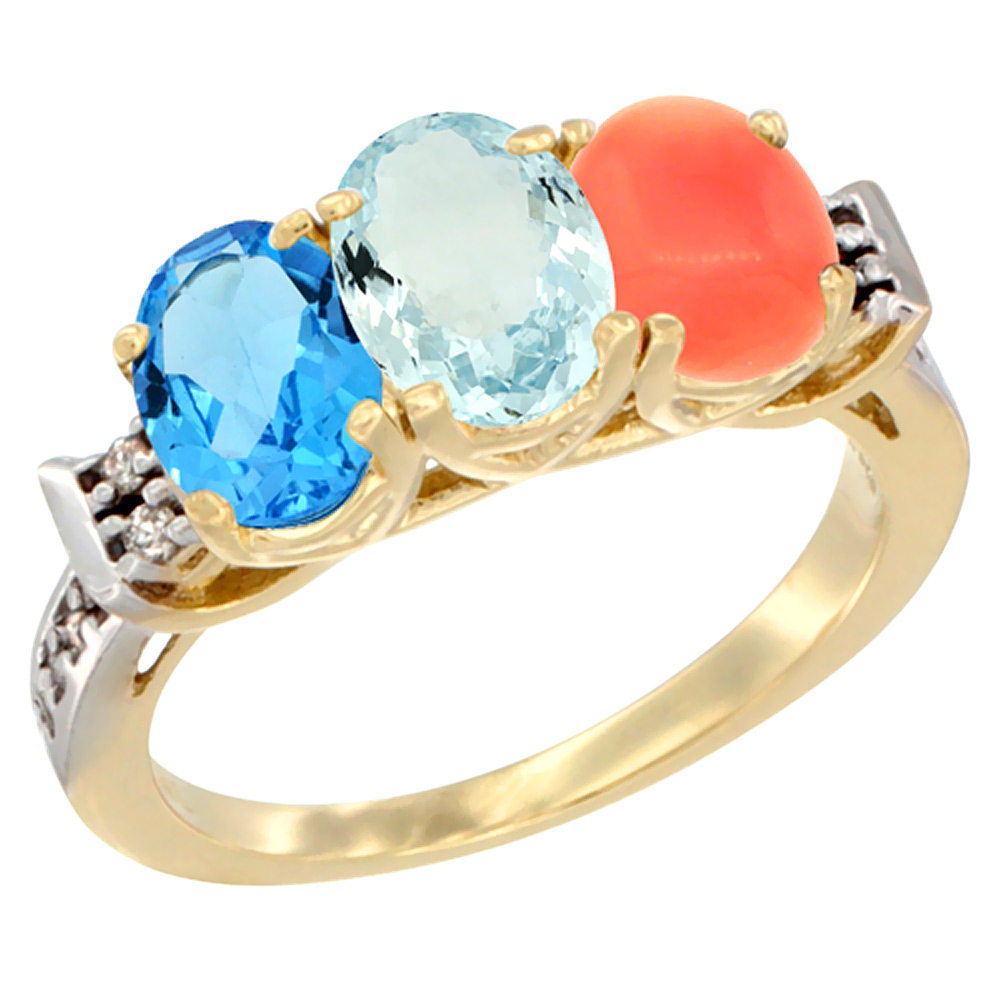 14K Yellow Gold Natural Swiss Blue Topaz, Aquamarine & Coral Ring 3-Stone 7x5 mm Oval Diamond Accent, sizes 5 - 10