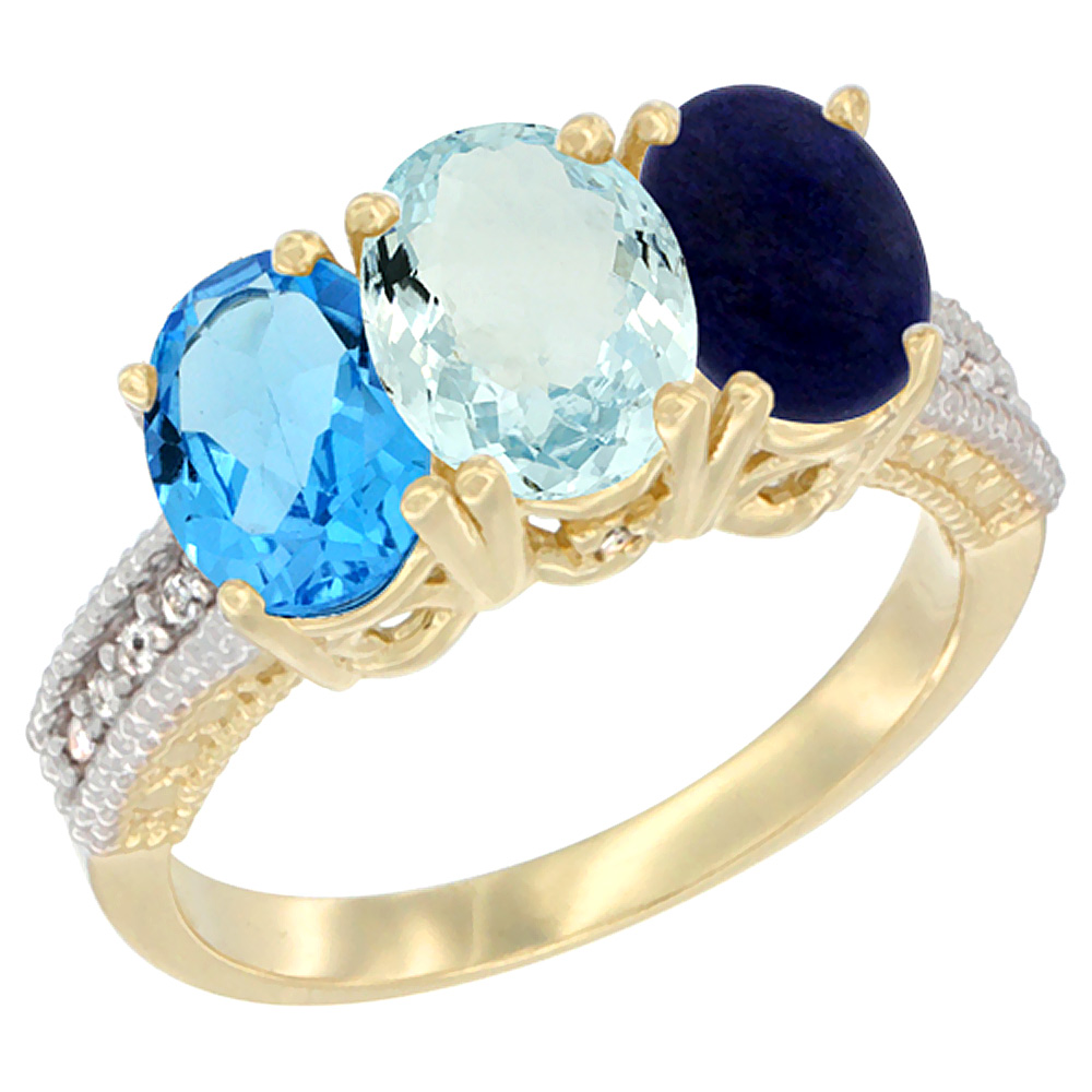 14K Yellow Gold Natural Swiss Blue Topaz, Aquamarine & Lapis Ring 3-Stone 7x5 mm Oval Diamond Accent, sizes 5 - 10