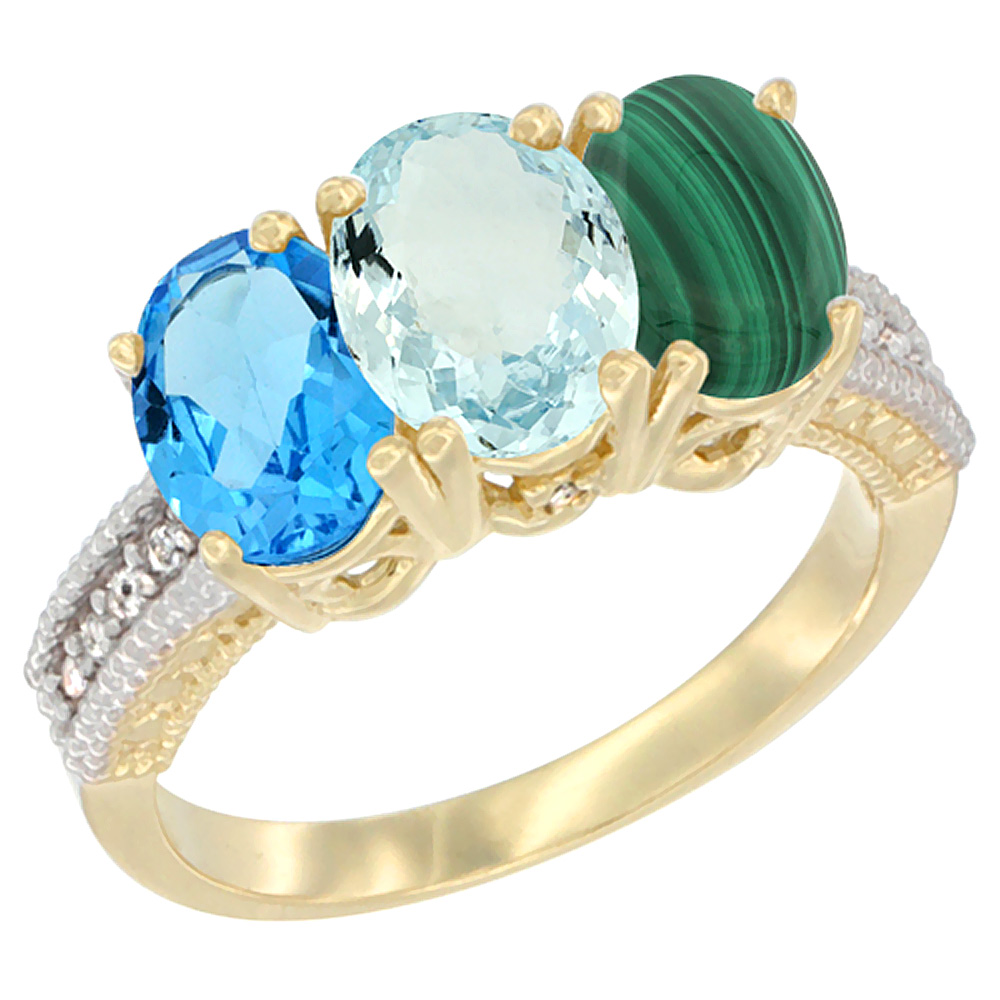 14K Yellow Gold Natural Swiss Blue Topaz, Aquamarine & Malachite Ring 3-Stone 7x5 mm Oval Diamond Accent, sizes 5 - 10