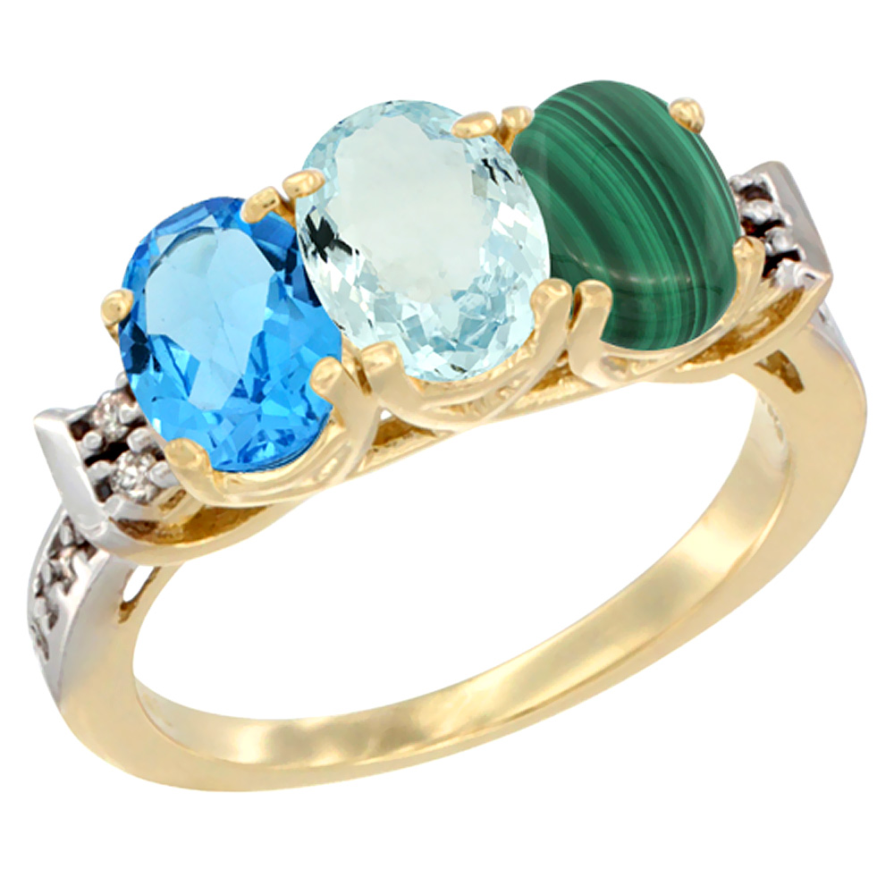 10K Yellow Gold Natural Swiss Blue Topaz, Aquamarine & Malachite Ring 3-Stone Oval 7x5 mm Diamond Accent, sizes 5 - 10