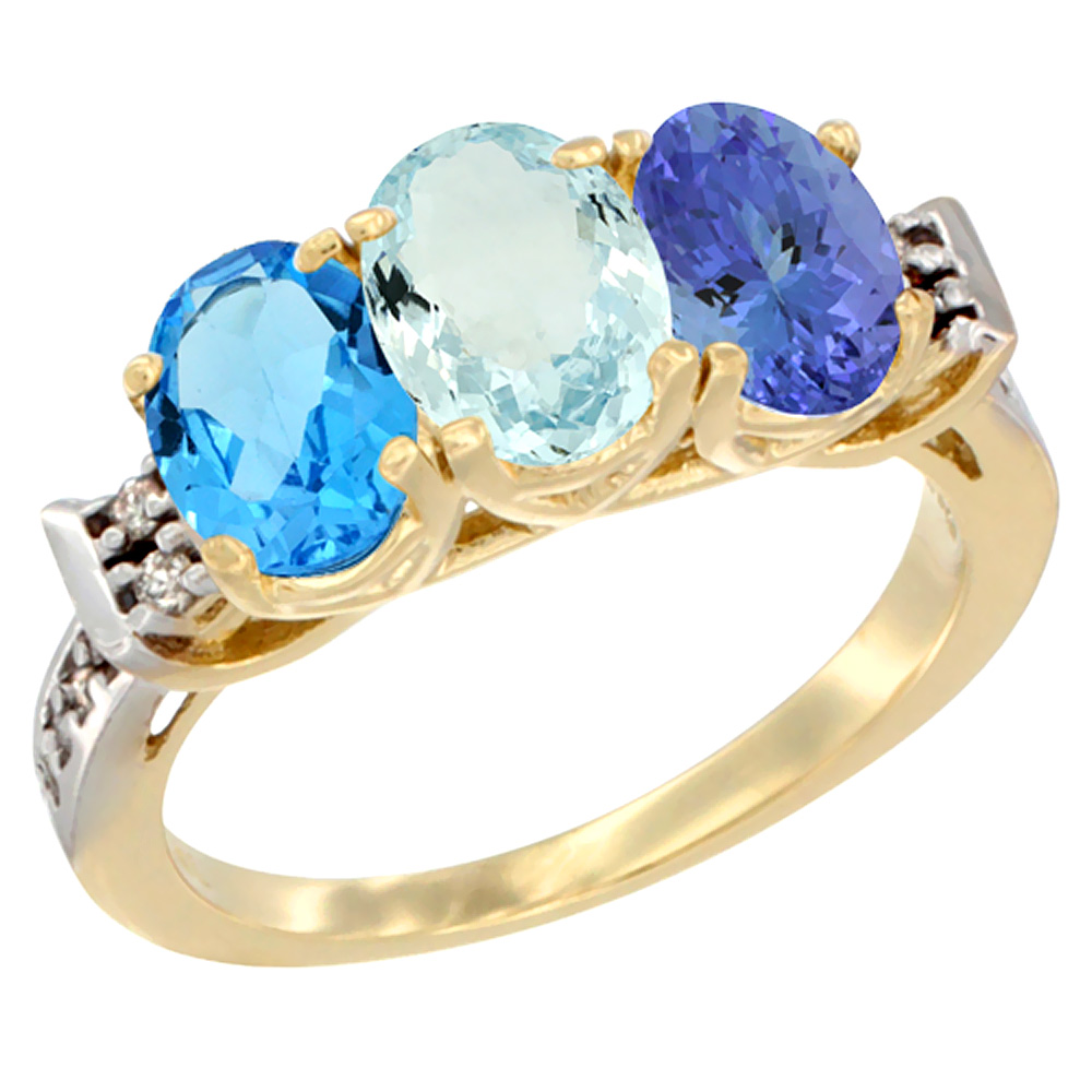 10K Yellow Gold Natural Swiss Blue Topaz, Aquamarine & Tanzanite Ring 3-Stone Oval 7x5 mm Diamond Accent, sizes 5 - 10