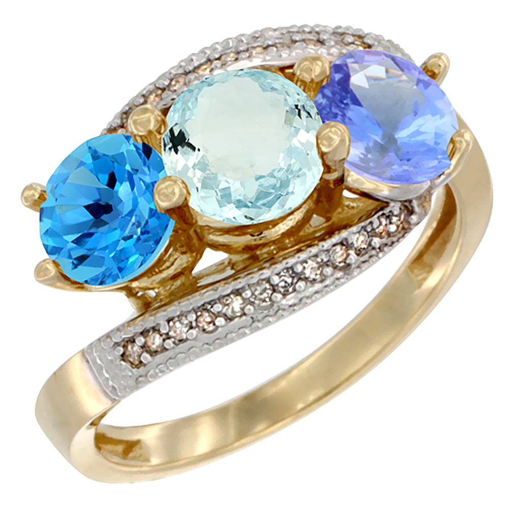 14K Yellow Gold Natural Swiss Blue Topaz, Aquamarine &amp; Tanzanite 3 stone Ring Round 6mm Diamond Accent, sizes 5 - 10
